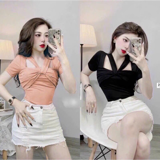 Áo thun nữ CRT tay ngắn ôm Body Cổ Vuông thiết kế Dây Yếm sang chảnh cuốn hút thời thượng A97