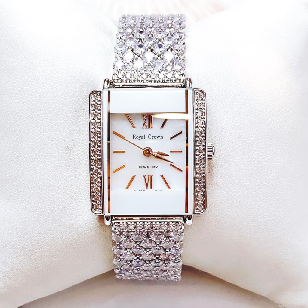 Đồng Hồ Nữ Thời Trang Royal Crown Khảm Đá Mặt Vuông 27x30mm - Royal Crown 3645 Kim Rose