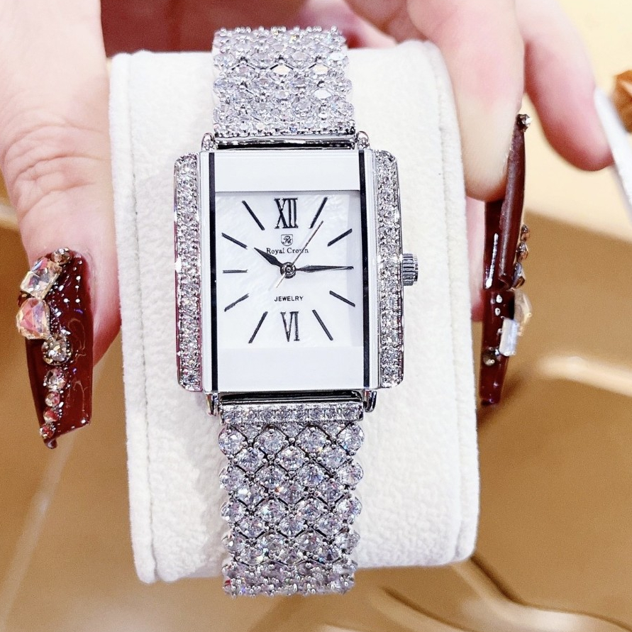 Đồng Hồ Nữ Thời Trang Royal Crown Khảm Đá Mặt Vuông 27x30mm - Royal Crown 3645 Kim Silver