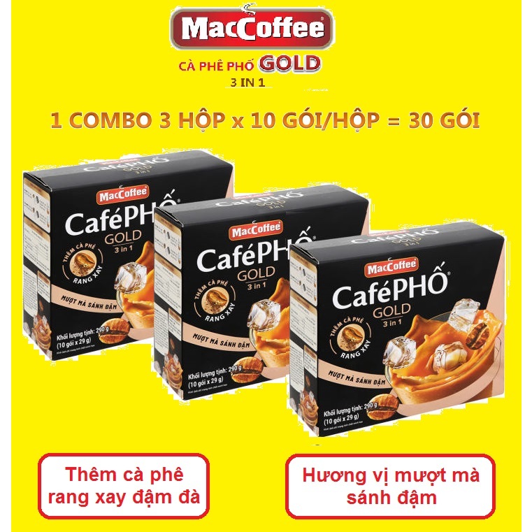 1 COMBO 3 HỘP x 10 GÓI/Hộp x 29 G/GÓI CÀ PHÊ sữa CÀ PHÊ PHỐ GOLD MACCOFFEE - Cà phê rang xay đậm đà,