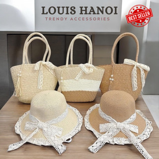 Set Mũ Cói Viền Ren + Túi Cói Vintage Có Khóa Kéo Size Vừa, Tua Rua Mix Ngọc Nơ Ren Đi Biển