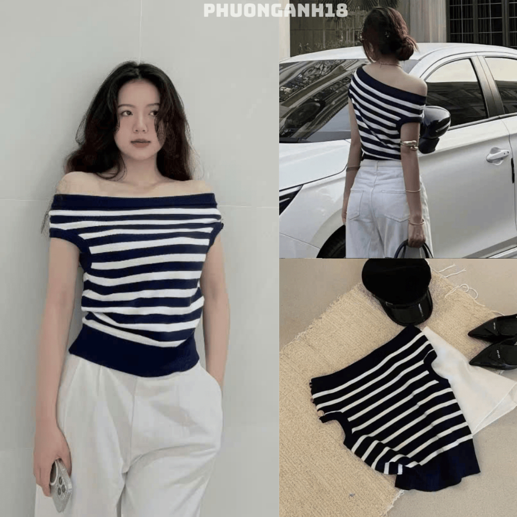 Áo len trễ vai kẻ ngang dáng crotop cúc vai tay ngắn new