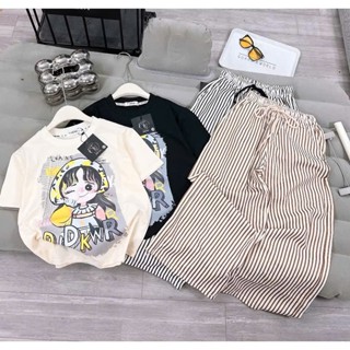 Sét bộ quần dài áo phông bé gái ( HÌNH CÔ GÁI DJDKWR QUẦN KẺ SỌC ) thoáng mát size 9-45 kg M88