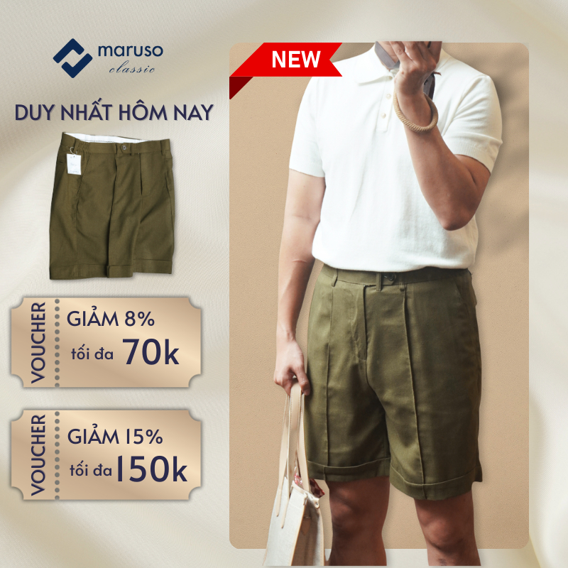 Quần short cao cấp MARUSO CLASSIC, quần classic short linen màu rêu hiện đại, mềm mại, thoáng mát
