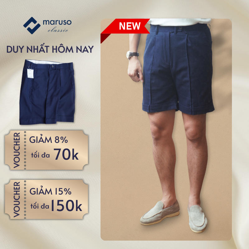 Quần short cao cấp MARUSO CLASSIC, quần classic short linen màu navy tinh tế, mềm mại, thoáng mát