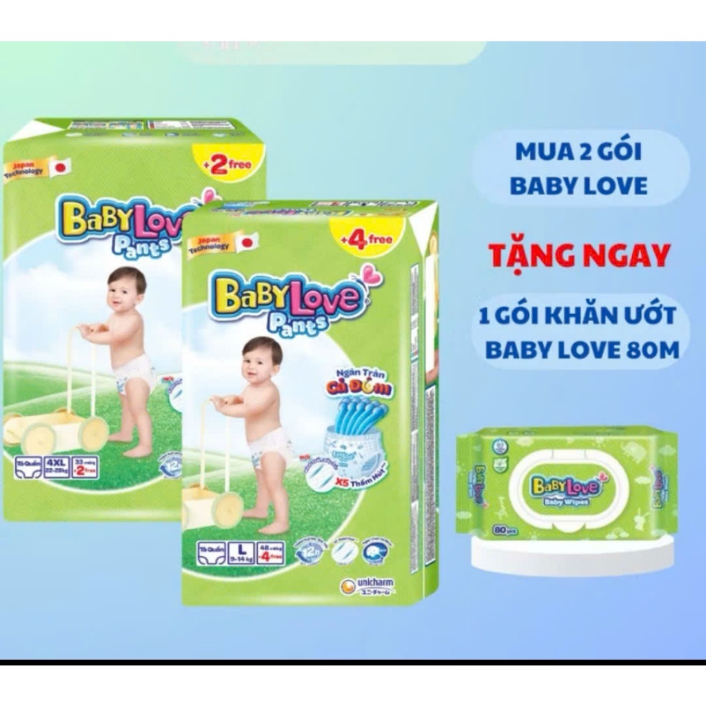 [2 Bịch- Tặng Khăn Ướt] Tã quần BABY LOVE M48+4/L48/XL48/XXL48/3XL33+2/4XL33+2/5XL33+2 cho bé