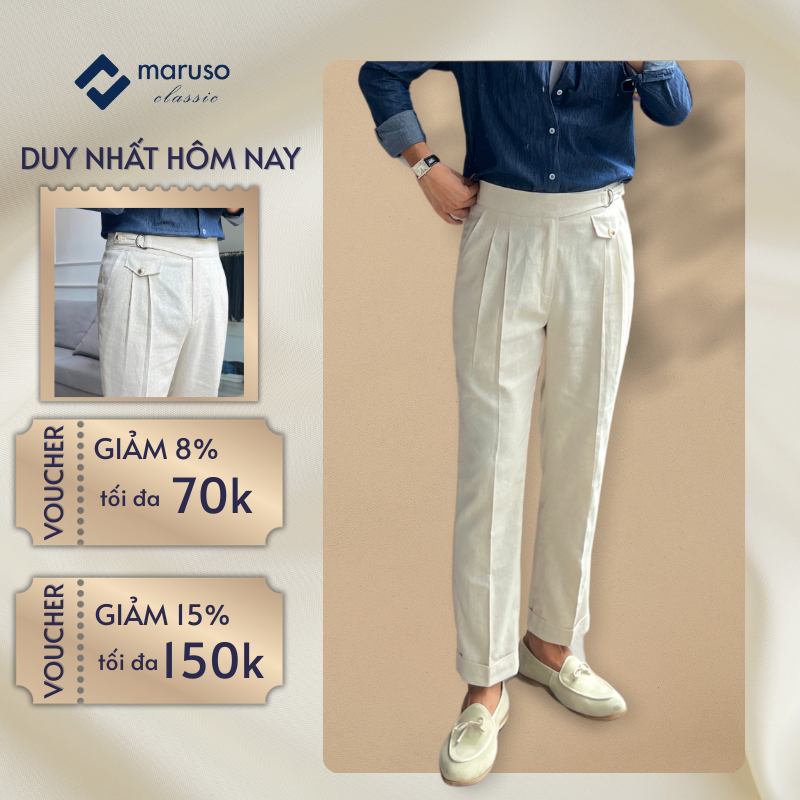 Quần âu nam cao cấp MARUSO CLASSIC, quần Dring vải linen màu vàng cát siêu nhẹ, thoáng gió