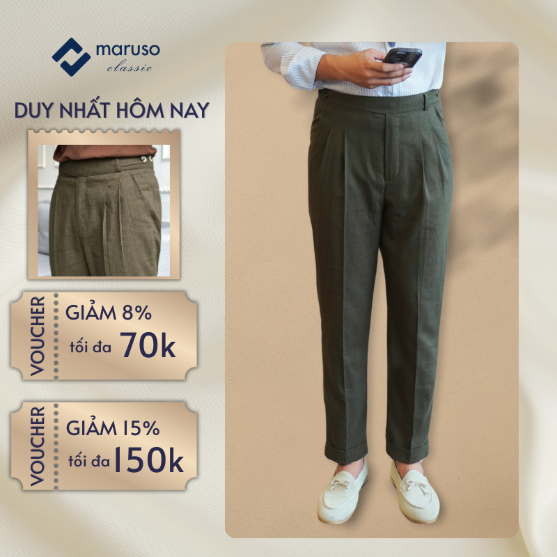 Quần âu nam cao cấp MARUSO CLASSIC, quần gurkha vải linen mỏng nhẹ, thoáng mát, màu rêu