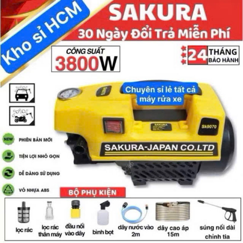 Máy rửa xe Sakura 3800W - Lõi đồng 100% máy công xuất lớn - bảo hành 24 tháng…