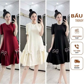 Váy bầu xinh dự tiệc công sở mỗi ngày dáng baby doll phối nơ vải lụa mềm mát phong cách Hàn Quốc sang chảnh X350