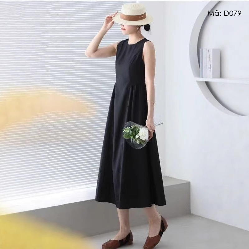Đầm liền sát nách cổ tròn KAMAKA tùng nhún kiểu - D079