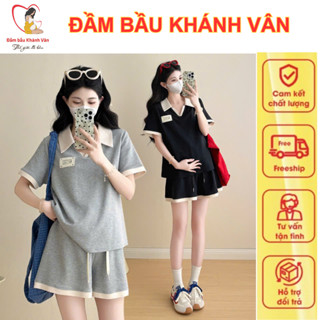Bộ đồ mùa hè cho bà bầu, thiết kế thời trang mới, áo cổ Polo, quần shorts hai món, mỏng nhẹ, size lớn, thoải mái và sành