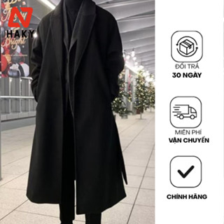 HK1 - Áo Khoác Dạ Măng Tô Nam Dáng Dài HAKY Phong Cách Hàn Quốc, Áo Mangto Dạ Ép Cao Cấp Không Khuy Có Dây Đai Lưng