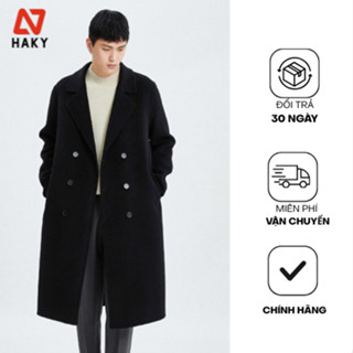HK412 - Áo khoác dạ măng tô nam 6 cúc HAKY form rộng dáng dài phong cách Hàn Quốc, áo mangto thanh lịch dài tới gối