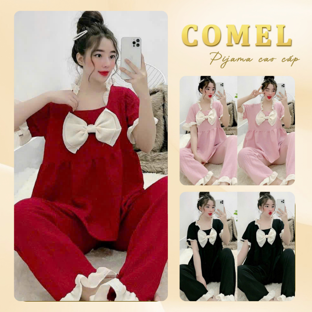 Bộ đồ pijama cộc tay đũi xốp phối bèo nơ bánh bèo quần dài cho nữ 38-58kg - Comel Pyjama