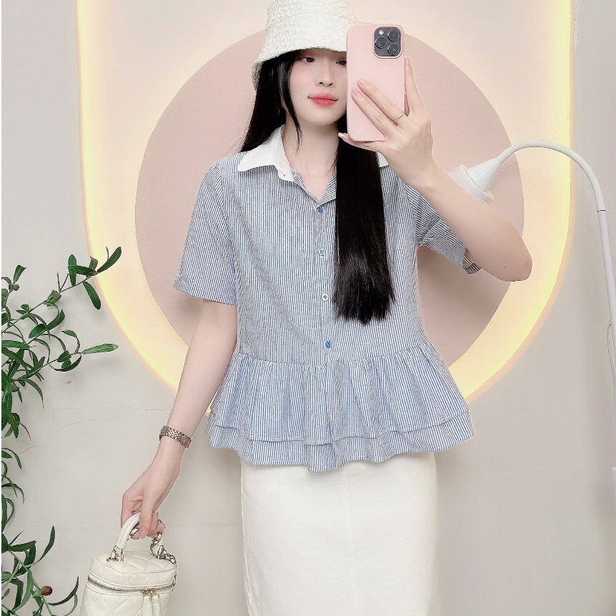Áo sơ mi kẻ sọc cọc tay nữ dáng babydoll xinh xắn trẻ trung  LAMO- B1415 | BigBuy360 - bigbuy360.vn