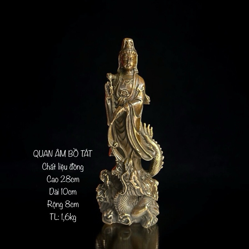 Phật Quan Âm Long Hải -tượng Quan Âm đứng rồng- đồ đồng phong thuỷ thờ cúng