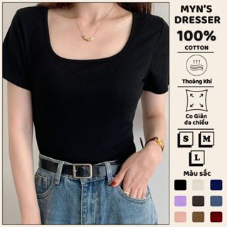 Áo thun nữ Myn cổ vuông tay ngắn dáng trơn form vừa ôm body vải cotton CAO CẤP màu trắng đen MD24.02