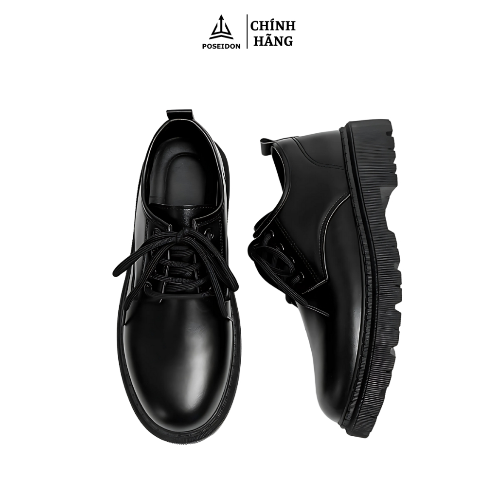 Giày Chunky Derby Nam POSEIDON Đế Cao 4cm Da PU Buộc Dây Màu Đen Lịch Lãm Cá Tính