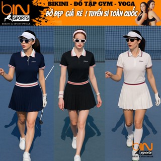 Set đồ nữ tập gym pickleball tennis cầu lông áo cổ trụ dệt, chân váy xếp ly có lót đùi bảo hộ cao cấp BINSPORTS BN124