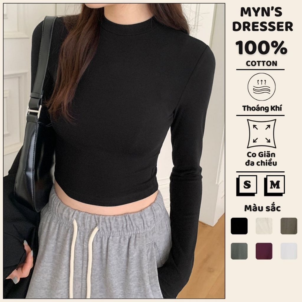 Áo Croptop nữ tay dài Myn ôm body cổ tròn, áo thun baby tee vải cotton màu trắng đen be đỏ MD24.04