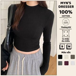 Áo Croptop nữ tay dài Myn ôm body cổ tròn, áo thun baby tee vải cotton màu trắng đen be đỏ MD24.04