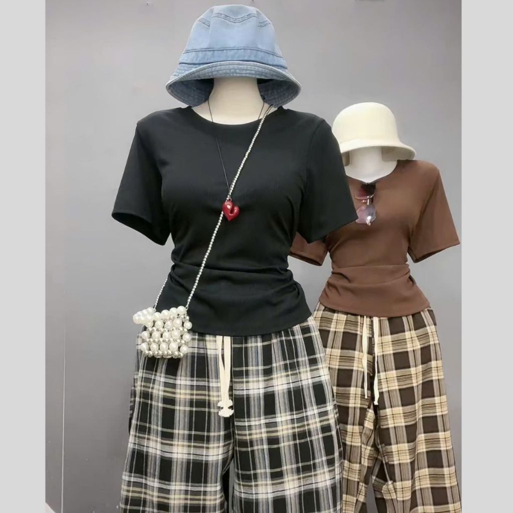 Set bộ hè Bigsize nữ áo thun phom vừa basic thun trơn phối quần dài ống xuông sọc caro tôn dáng - SET979