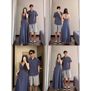 Áo váy đôi đi biển hoạ caro xanh đậm yếm siêu hot  - DESTINY COUPLE