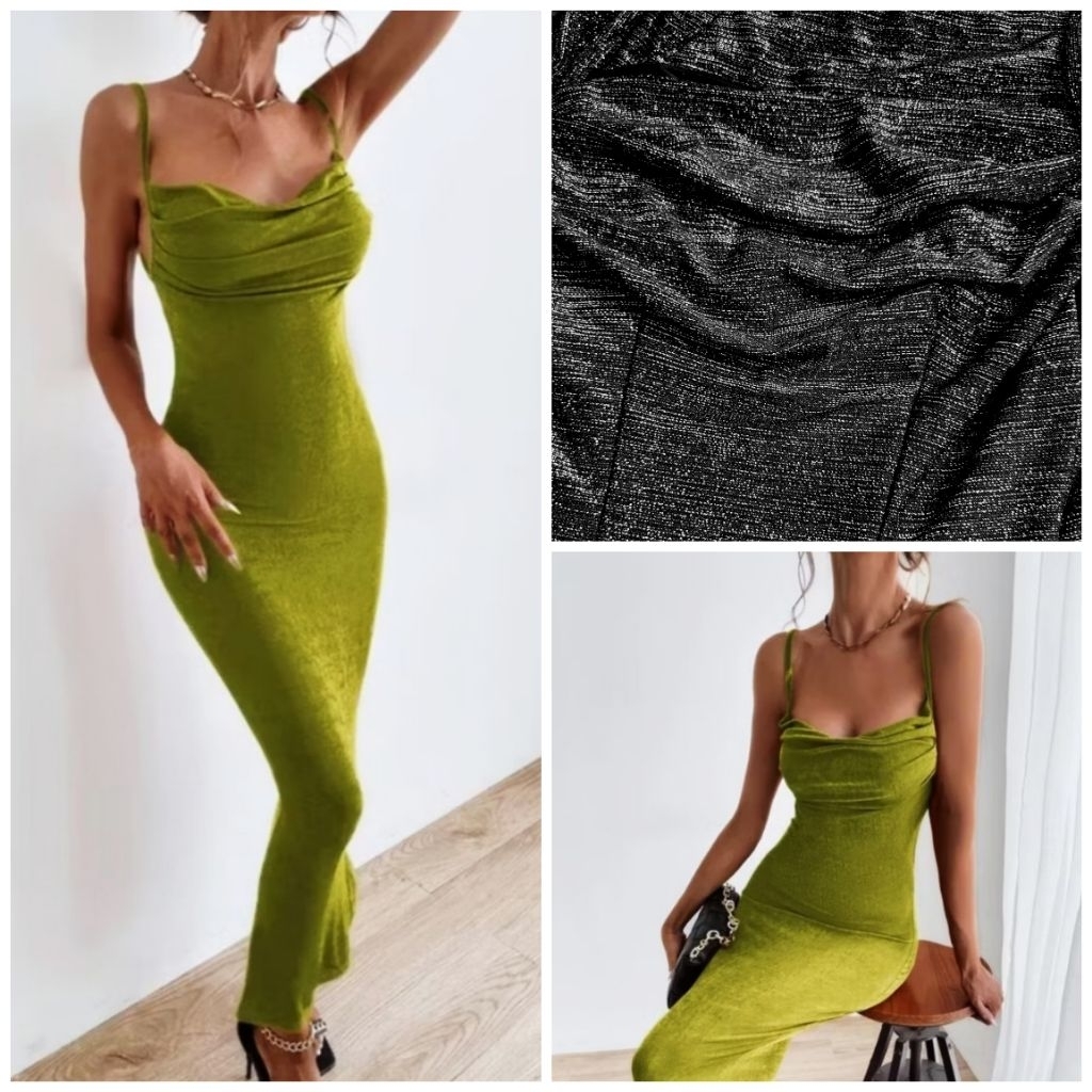 [HÀNG MỸ] Đầm midi NICOLE MILLER ôm body dây mảnh thun poly đen nhũ ánh kim bạc cổ dúng ly