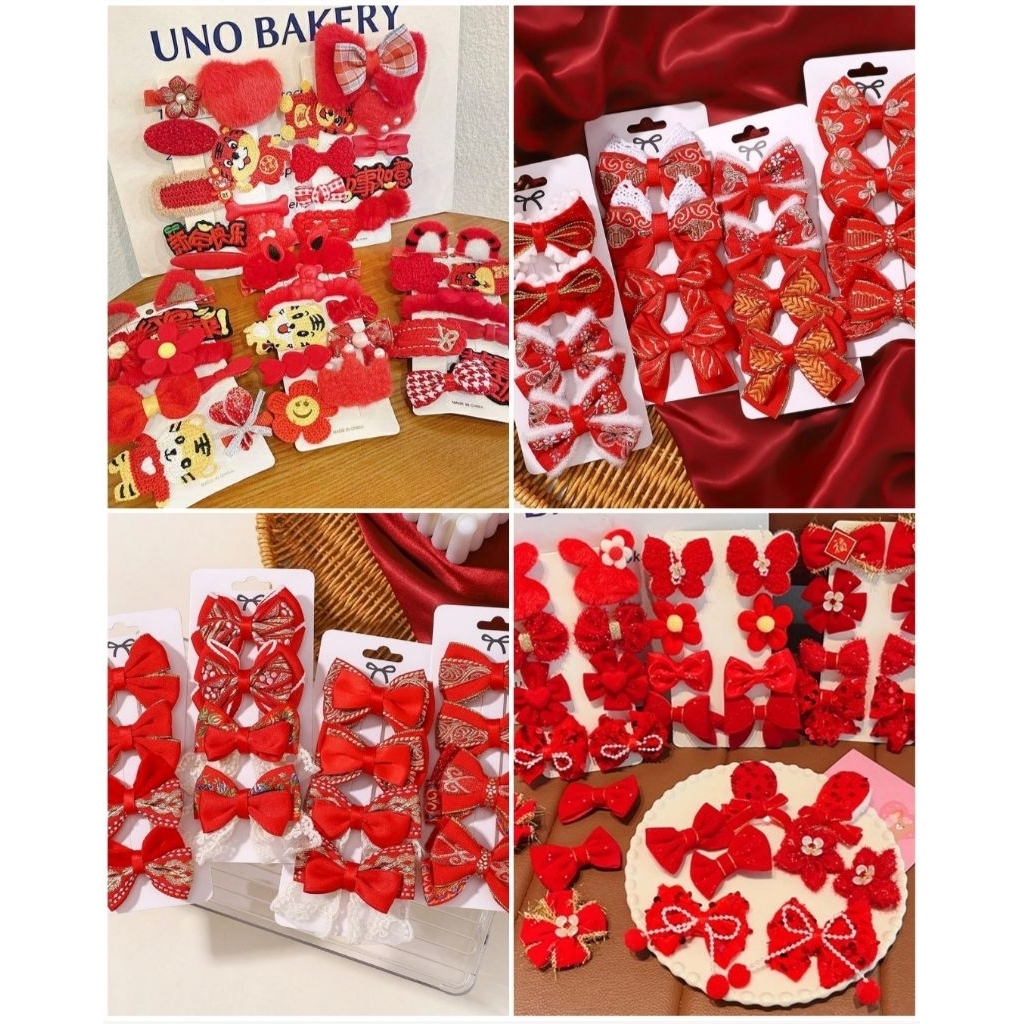 Set kẹp tóc màu đỏ nhiều mẫu cho bé