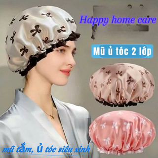 Mũ ủ tóc happy-loại 2 lớp,thiết kế nơ xinh xắn,sử dụng làm mũ tắm hằng ngày chống nước vào tóc