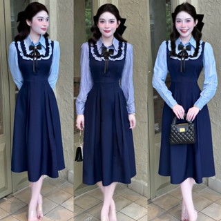 A122 ￼Đầm thiết kế phối cổ sơ mi sọc  tùng xếp ly tay dài đi làm,đi chơi vải tây mềm mịn Mijustore