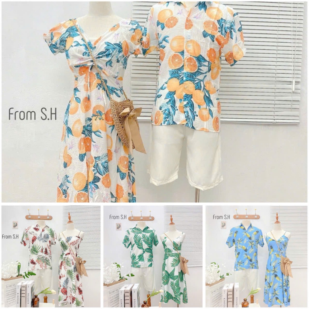 Váy maxi đi biển Nữ vải đũi hoa lá cành, bộ đồ gia đình sơ mi hawaii đi biển du lịch hè - MAC boutiq