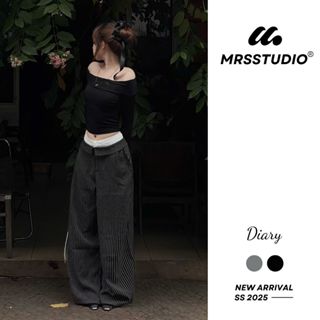 Quần vạt 2 cạp ống rộng kẻ nữ MRS tôn dáng 2025, đi học đi làm, văn phòng, cá tính MRQ135G