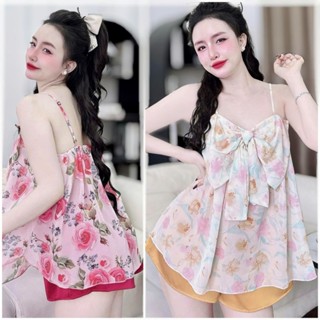Đồ ngủ pyjama sexy - Áo Hai Dây Kèm Quần Đùi Quyến Rũ - Lụa Voan, Lụa Latin Quảng Châu Cao Cấp