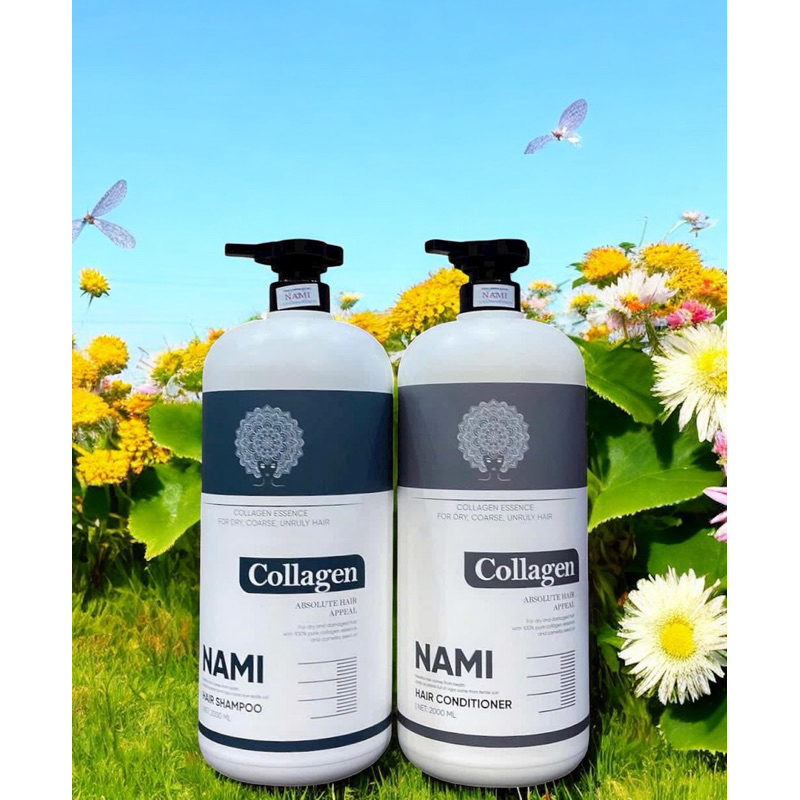 Cặp Dầu Gội Xả Collagen NAMI 2000mlx2 dưỡng ẩm, cấp ẩm, siêu thơm siêu mượt tóc công thức chuẩn salo