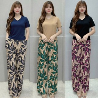 Set Bộ Nữ Ống Rộng Thun Gân Tăm Lạnh Mix Áo Cổ Tim Form Suông Top Đen-HT007