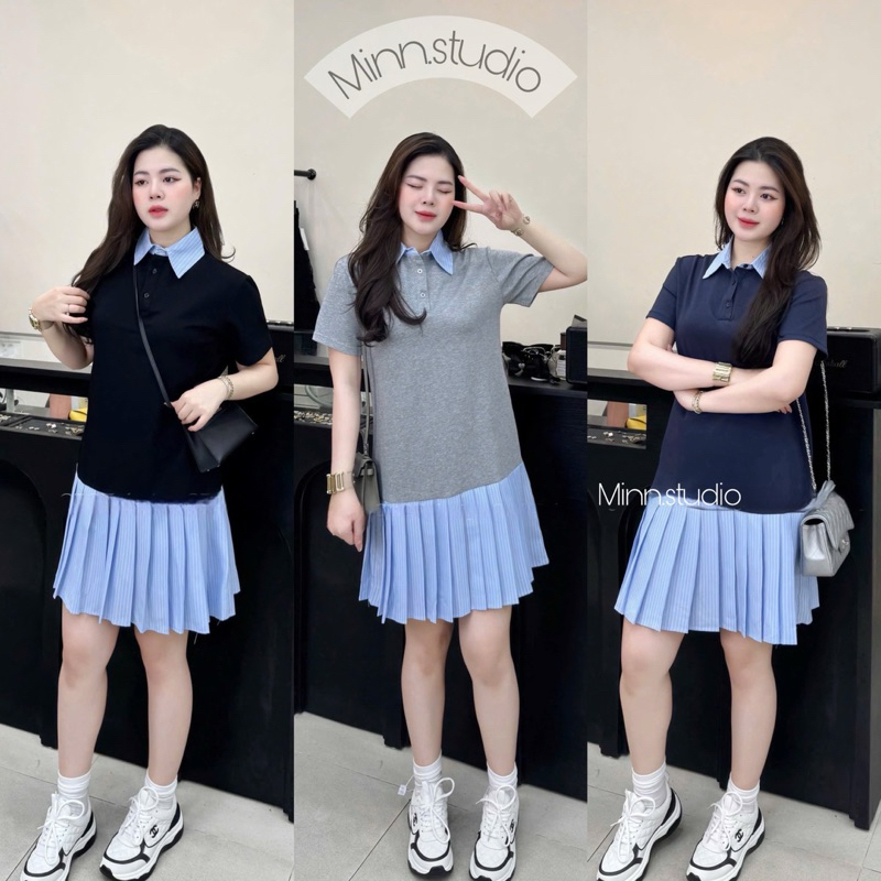 [Minn.studio] Váy suông thiết kế polo phối kẻ sọc, chân xếp li so Hot