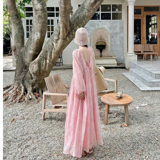   ORDER  Váy Babydoll Dáng Rộng Hồng Pasel Hở Lưng Tay Bồng Váy Maxi Nữ 