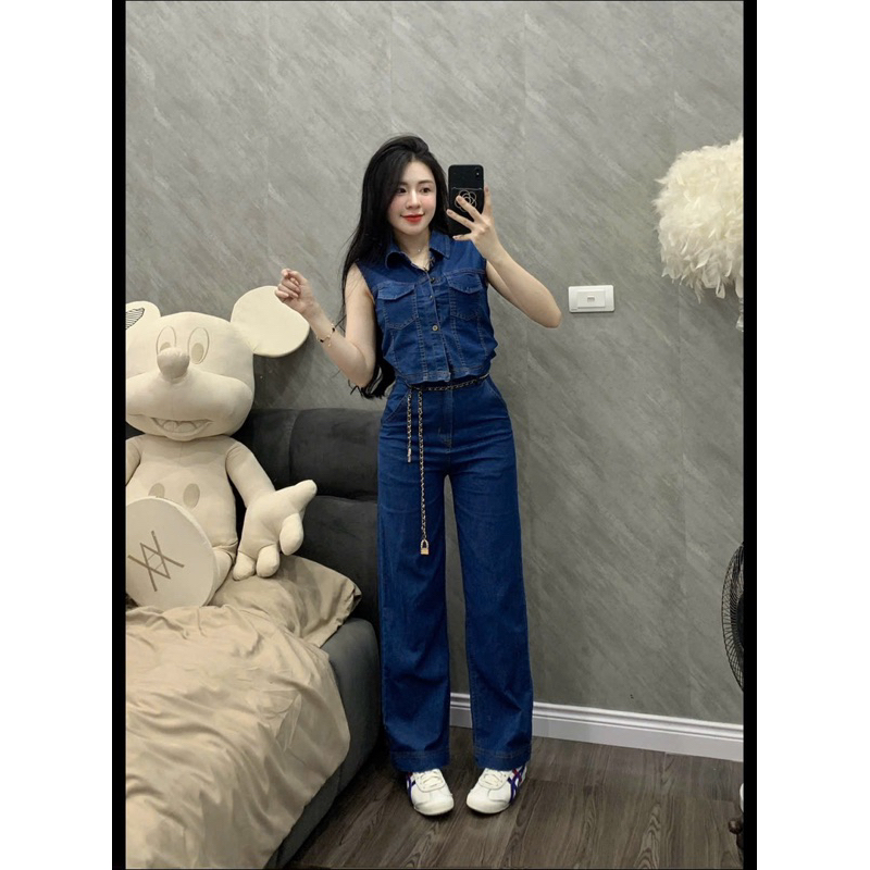 Sét Jean jean giấy thu đông Croptop tay hến mix quần ống suông thời trang