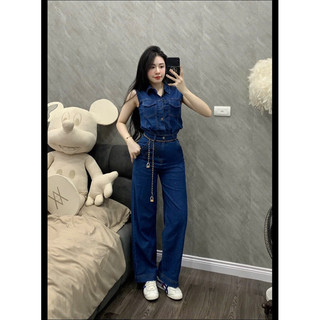 Sét Jean jean giấy thu đông Croptop tay hến mix quần ống suông thời trang