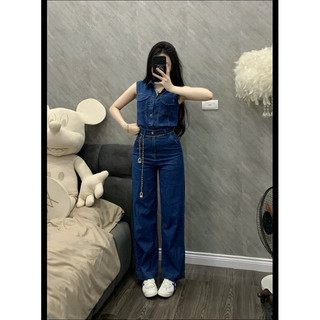 Sét Jean jean giấy thu đông Croptop tay hến mix quần ống suông thời trang