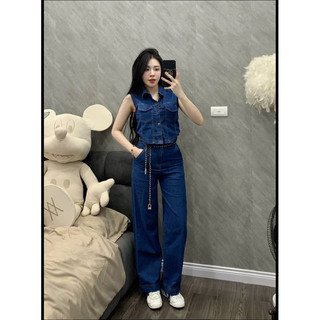 Sét Jean jean giấy thu đông Croptop tay hến mix quần ống suông thời trang