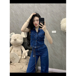 Sét Jean jean giấy thu đông Croptop tay hến mix quần ống suông thời trang