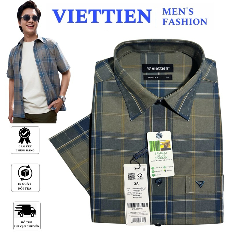 Áo sơ mi tay ngắn VIETTIEN caro, áo VIETTIEN chính hãng vải sợi tre mềm mát