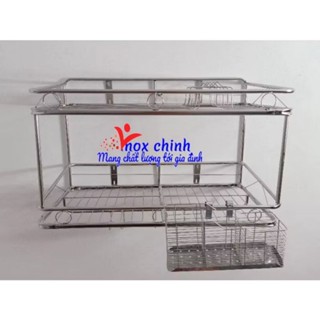 Kệ Chén INOX Treo Tường, Kệ Úp Chén INOX 2 Tâng, Có Đĩa, Có Móc Lùa