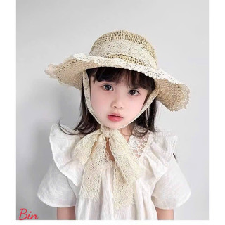  Mũ cói ren cho bé mũ đi biển cho bé gái thắt nơ 