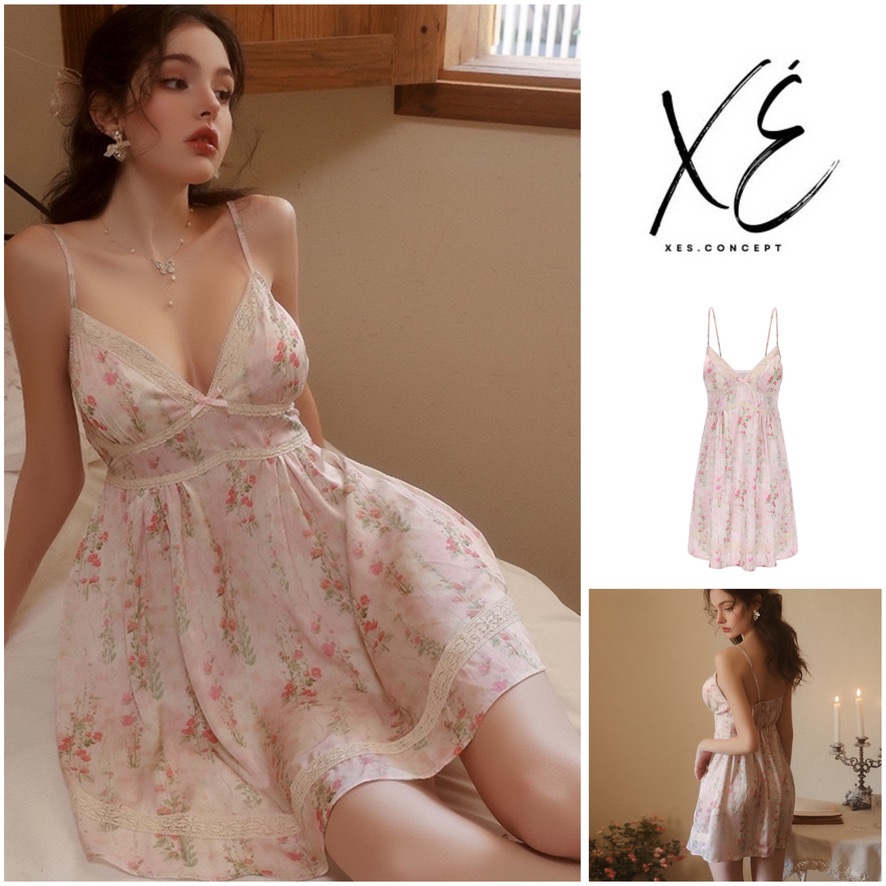 Váy ngủ (V39) - Váy tiểu thư lụa tím phối ren hoa phong cách vintage