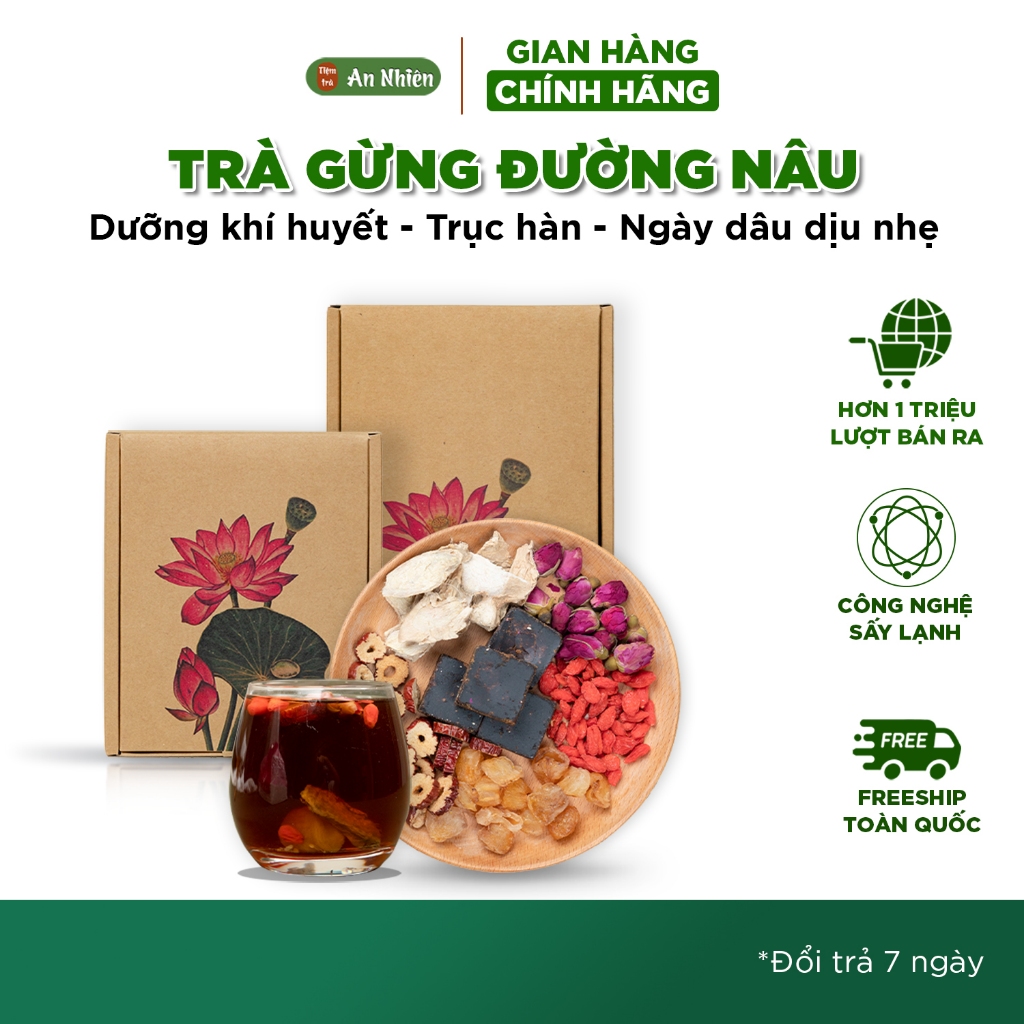 Trà Gừng Đường Nâu Thảo Mộc An Nhiên giảm đau bụng dâu, dưỡng tổ ấm, giữ ấm cơ thể, Nguyên liệu thiên nhiên, Sấy lạnh
