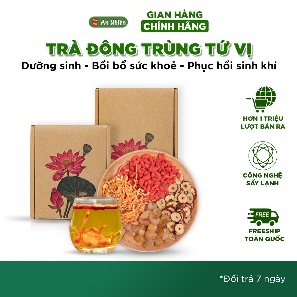 Trà Đông Trùng Hạ Thảo Long Nhãn Tứ Vị An Nhiên, bồi bổ sức khỏe, sinh khí, Nguyên liệu thiên nhiên, sấy lạnh